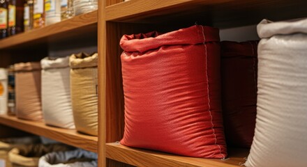 Red Bulgur Sack on Wooden Shelf in Market