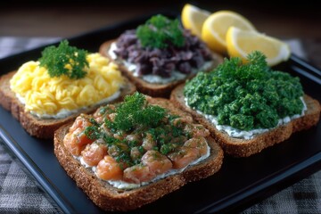 A colorful assortment of open-faced sandwiches is presented on a dark platter, showcasing toppings like scrambled eggs, shrimp, and vibrant greens, garnished with parsley and lemon wedges