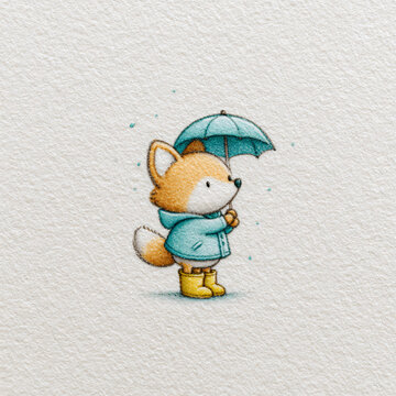Cute Cartoon Fox Under Colorful Umbrella Art Illustration Playful Whimsical Character Furry Raincoat Bright Vibrant Rain Winter Nature Cozy Boots Smiling Children Fun Storybook Doodle Design