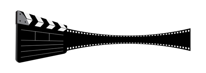 Clapper board, 35mm filmstrip vector design isolated on white. 3d clapboard movie production icon illustration to use for motion picture, television, cinema, film project.