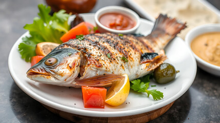 Grilled pomfret fish  with vegetables and condiments on a background