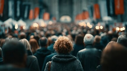 A crowd of people walking together in a bustling event space illuminated by warm lights and su