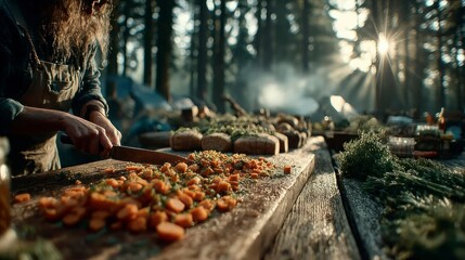 Outdoor Cooking Adventure Freshly Chopped Carrots on a Rustic Table in a Sunlit Forest Setting