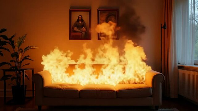 A couch that is on fire in a living room