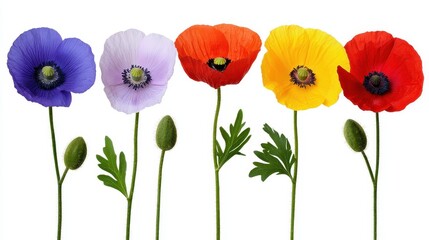 Assorted Colorful Poppy Flowers in a Row Isolated on White Background