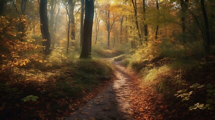 Fototapeta premium Golden autumn path in a sunlit forest