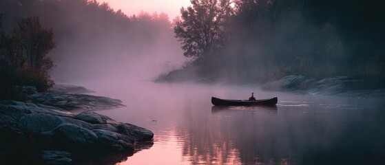 Serene sunrise over a misty river, a lone canoe floats gently.  Peaceful and mysterious.