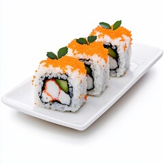 Three California Rolls Topped with Roe on a White Plate in Studio