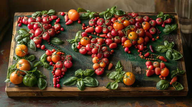 Creative world map made from fresh tomatoes, peppers, and basil leaves, symbolizing global food safety, nutrition, and sustainable agriculture for World Food Safety Day.
- Powered by Adobe