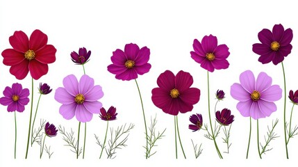 Colorful Cosmos Flowers in Red Pink and Purple on a Clean White