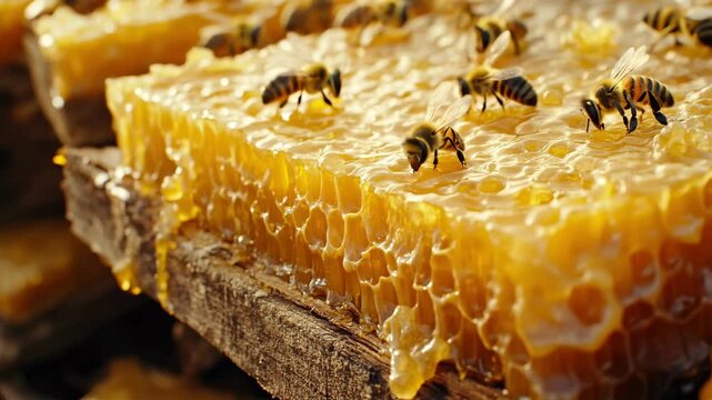 Honeycomb with bees on wooden frame in natural setting  