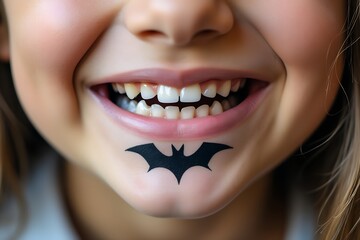 Fototapeta premium Young girl smiling with bat tattoo on chin and bright teeth