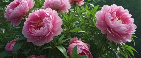 Obraz premium Luscious pink peonies, lush green leaves, vibrant bloom , blossom, stem