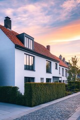 Contemporary residential structures elegantly arranged along a charming cobblestone street, bathed in the warm glow of sunset, create a picturesque scene in a suburban neighborhood under a vibrant sky