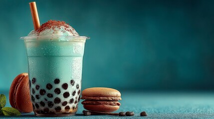 Refreshing Blue Bubble Tea with Tapioca Pearls and Macarons on a Teal Background