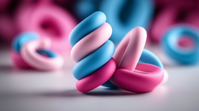 Rosa und blaue Knetgummis in Makroaufnahme mit weichem Fokus und farblich abgestimmtem Hintergrund.