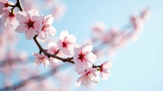 Blooming Japanese cherry or sakura sway in the wind against the backdrop of a clear sky