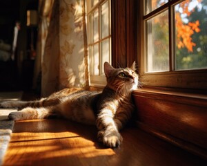 A tabby cat lounges in the warm sunlight streaming through a window, gazing out at the autumn leaves.