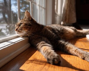 Tabby cat lounging in sunlit window, enjoying the warmth. Peaceful feline.