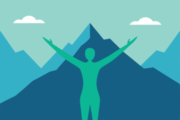 Fototapeta premium Silhouette of a man in a mountain landscape vector illustration with sun and clouds