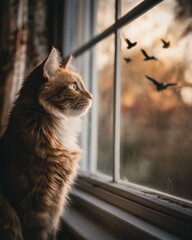 Ginger cat sits by window, watching birds fly by in the golden hour light. A serene and peaceful moment.
