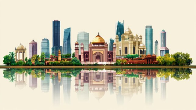 A hand-drawn depiction of Rajasthan's famous architectural landmarks is presented, featuring its unique skyline and incorporating cultural elements like the traditional Kachhi Ghodi folk dance