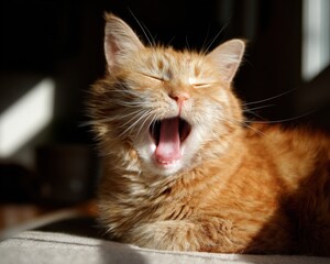 Ginger cat yawning in the sunbeam.  A fluffy, adorable moment.