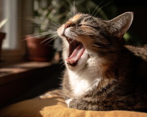 A tabby cat with white chest yawns widely in a sunlit room, showcasing its pink mouth and relaxed demeanor.