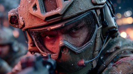 Fototapeta premium Soldier in Tactical Gear with Helmet and Goggles Ready for Combat Action