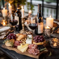 A rustic charcuterie board with cheeses, grapes, and cured meats, surrounded by candlelight and wine glasses. A cozy autumnal setting.