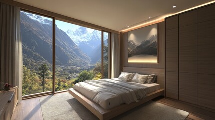 Fototapeta premium Modern mountain bedroom with panoramic window views.