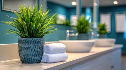 Fototapeta premium Teal bathroom with plants and towels