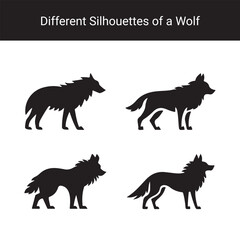 Obraz premium Set of Black Wolf Silhouettes in Different Poses – Vector Animal Icons on White Background