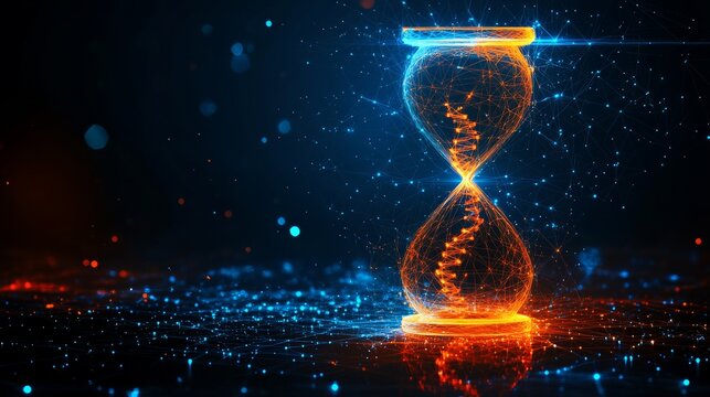 A dark blue background serves as the setting for a futuristic depiction of longevity and life expectancy, complete with a glowing low-polygon DNA helix and hourglass