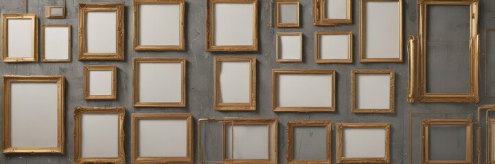 Fototapeta premium Variety of frame shapes & sizes collage mockup, textured backdrop, decor, mockup, pictures