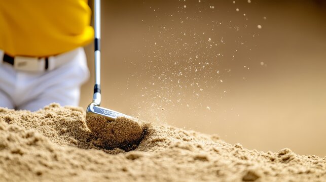 Golf Club Hitting Sand in Bunker Close-up Shot of Action, golf swing , sand trap