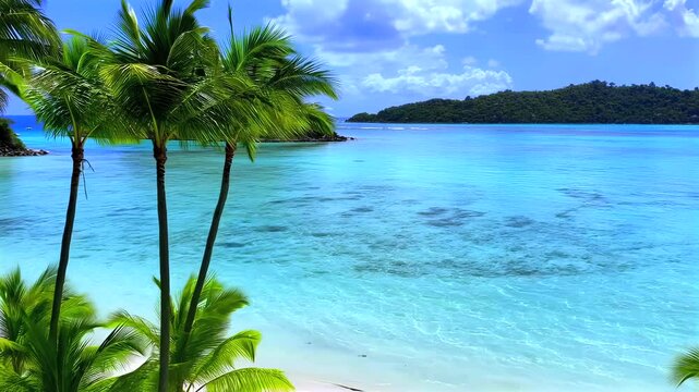 Gently swaying palm trees bordering white sandy shoreline, turquoise waters surrounding verdant tropical islands creating serene paradise landscape