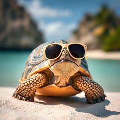Tortoise Wearing Sunglasses on Beach Background