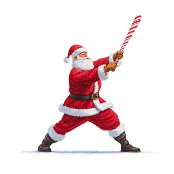santa playing baseball with candy cane bat