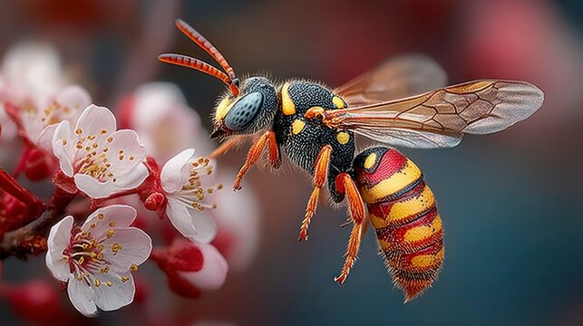 Vibrant Insect Hovering Near Delicate Blossoms Detailed CloseUp of Natures Beauty for Botani