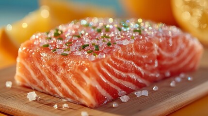 Fresh Salmon Fillet with Herbs and Coarse Salt on a Wooden Board