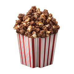 Chocolate popcorn served in a classic striped container, evoking a sense of comfort and delight