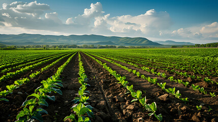 Obraz premium Rows of young plants in a field with mountains and clouds in the background on a sunny day