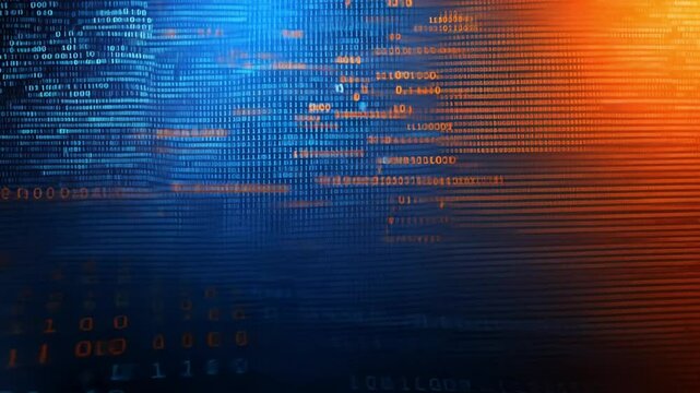 Abstract Digital Binary Code Background, Data Stream,  Cybersecurity, Technology, Network, Information,  Digital Art, Orange Blue Hues