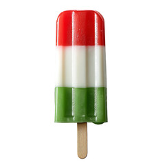 Delicious three-layered popsicle with red, white, and green colors on a wooden stick.