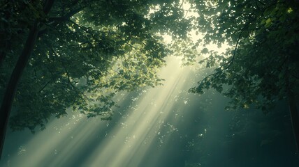 Sunlit Green Bamboo Forest with Light Beams