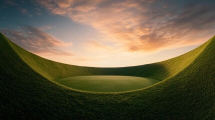 Fototapeta premium Serene Valley Green Field Bowl Under Dawn Sky, landscape , serenity