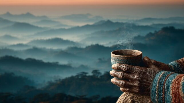 Warm Hands Holding a Steaming Cup Against a Serene Mountain Landscape Background