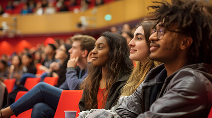 Obraz premium Diverse group of students attentively listening in a large auditorium with red seating and warm lighting