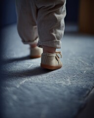 Close-up of a toddler's feet in beige canvas shoes, taking their first steps. Soft, neutral tones and a cozy atmosphere.